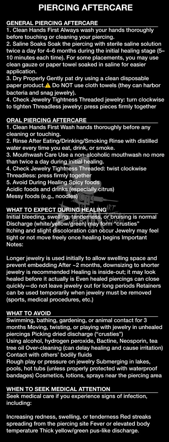 Piercing aftercare poster covering general care, oral care, healing expectations, what to avoid, and when to seek medical attention.