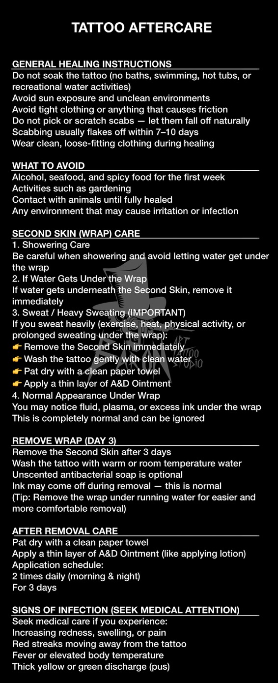 Tattoo aftercare poster with healing instructions, wrap care, after-removal care, and infection warning signs.